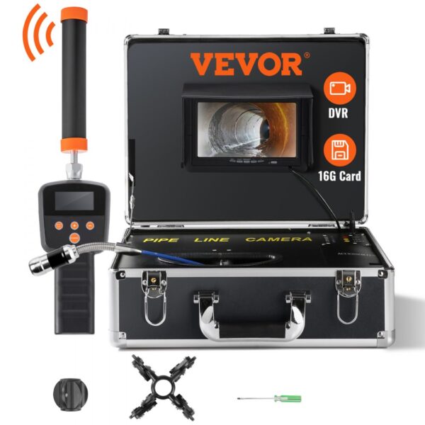 VEVOR Kanalkamera mit 512-Hz-Ortung, 40 m, 17,8 cm Rohrinspektionskamera mit DVR-Funktion, IP68-Kamera mit 12 einstellbaren LEDs, einer 16-GB-SD-Karte für Abwasserleitungen, Haus, Kanalabflussrohre