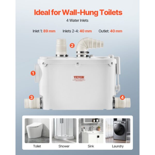 VEVOR Abwasser Hebeanlage 500W, 6600 L/H Durchfluss, 8 m Förderhöhe, Abwasserpumpe 2900U/min mit 3 Wassereinlässen für Keller Küche Spüle Dusche Badewanne, Wäscheabwasserentsorgung Aufspülmaschine – Bild 5 VEVOR Abwasser Hebeanlage 500W, 6600 L/H Durchfluss, 8 m Förderhöhe, Abwasserpumpe 2900U/min mit 3 Wassereinlässen für Keller Küche Spüle Dusche Badewanne, Wäscheabwasserentsorgung Aufspülmaschine – Bild 5