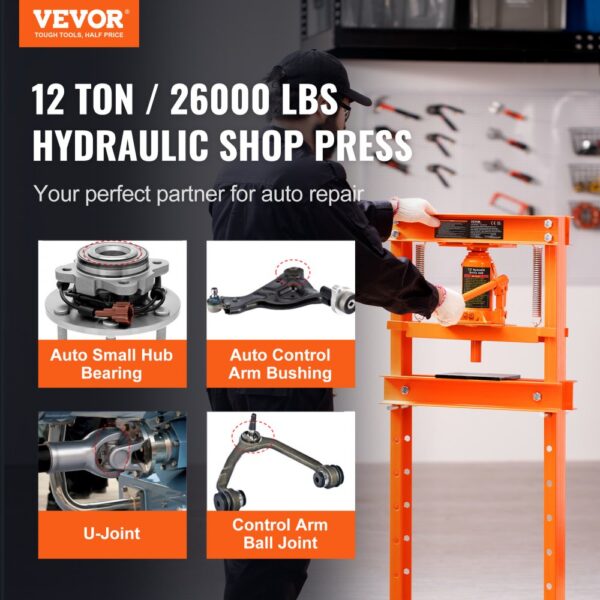 VEVOR Werkstattpresse Hydraulikpresse 12 t, Auto Kfz Rahmenpresse Presse Orange 40-705 mm, Manuelle Lagerpresse Kohlenstoffstahl Werkstattpresse für die Autobuchsen, Kugelgelenke, U-Gelenke usw. – Bild 2