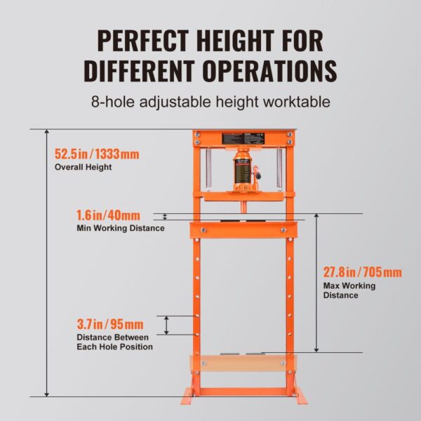 VEVOR Werkstattpresse Hydraulikpresse 12 t, Auto Kfz Rahmenpresse Presse Orange 40-705 mm, Manuelle Lagerpresse Kohlenstoffstahl Werkstattpresse für die Autobuchsen, Kugelgelenke, U-Gelenke usw. – Bild 5