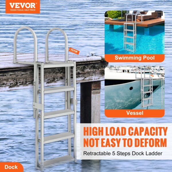 VEVOR Dockleiter 5 einziehbare Stufen 159kg Tragkraft Pontonbootleiter aus Aluminiumlegierung mit 1700-2005mm einstellbarer Höhe 10cm breite Stufe zum Einsteigen in Schiffe/See/Pool/Marine – Bild 2
