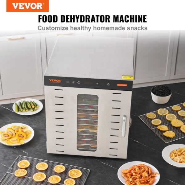 VEVOR 1000 W Dörrautomat Edelstahl, 377 x 285 mm 10 Stk. Tabletts 360° Trocken, Dörrgerät, Temperaturregelung, 0,5 bis 48-Stunden-Timer, Überhitzungsschutz, Rezeptheft für Fleisch Obst Gemüse – Bild 2 VEVOR 1000 W Dörrautomat Edelstahl, 377 x 285 mm 10 Stk. Tabletts 360° Trocken, Dörrgerät, Temperaturregelung, 0,5 bis 48-Stunden-Timer, Überhitzungsschutz, Rezeptheft für Fleisch Obst Gemüse – Bild 2