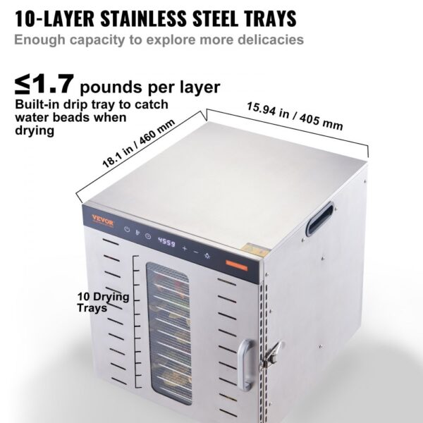 VEVOR 1000 W Dörrautomat Edelstahl, 377 x 285 mm 10 Stk. Tabletts 360° Trocken, Dörrgerät, Temperaturregelung, 0,5 bis 48-Stunden-Timer, Überhitzungsschutz, Rezeptheft für Fleisch Obst Gemüse – Bild 3 VEVOR 1000 W Dörrautomat Edelstahl, 377 x 285 mm 10 Stk. Tabletts 360° Trocken, Dörrgerät, Temperaturregelung, 0,5 bis 48-Stunden-Timer, Überhitzungsschutz, Rezeptheft für Fleisch Obst Gemüse – Bild 3