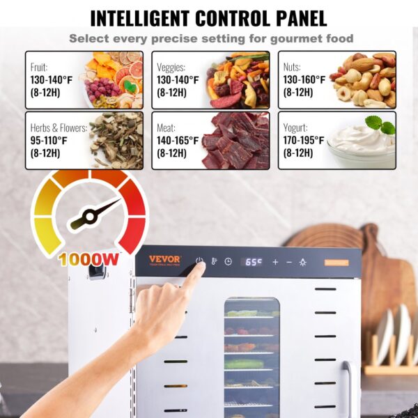 VEVOR 1000 W Dörrautomat Edelstahl, 377 x 285 mm 10 Stk. Tabletts 360° Trocken, Dörrgerät, Temperaturregelung, 0,5 bis 48-Stunden-Timer, Überhitzungsschutz, Rezeptheft für Fleisch Obst Gemüse – Bild 4 VEVOR 1000 W Dörrautomat Edelstahl, 377 x 285 mm 10 Stk. Tabletts 360° Trocken, Dörrgerät, Temperaturregelung, 0,5 bis 48-Stunden-Timer, Überhitzungsschutz, Rezeptheft für Fleisch Obst Gemüse – Bild 4