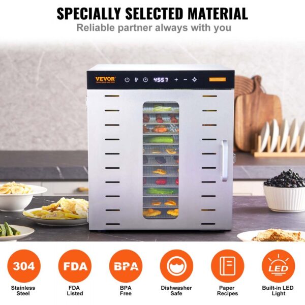 VEVOR 1000 W Dörrautomat Edelstahl, 377 x 285 mm 10 Stk. Tabletts 360° Trocken, Dörrgerät, Temperaturregelung, 0,5 bis 48-Stunden-Timer, Überhitzungsschutz, Rezeptheft für Fleisch Obst Gemüse – Bild 5 VEVOR 1000 W Dörrautomat Edelstahl, 377 x 285 mm 10 Stk. Tabletts 360° Trocken, Dörrgerät, Temperaturregelung, 0,5 bis 48-Stunden-Timer, Überhitzungsschutz, Rezeptheft für Fleisch Obst Gemüse – Bild 5