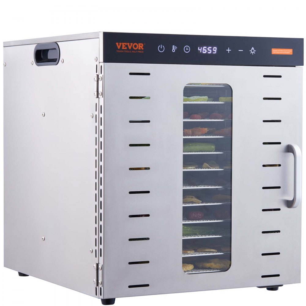 VEVOR 1000 W Dörrautomat Edelstahl, 377 x 285 mm 10 Stk. Tabletts 360° Trocken, Dörrgerät, Temperaturregelung, 0,5 bis 48-Stunden-Timer, Überhitzungsschutz, Rezeptheft für Fleisch Obst Gemüse
