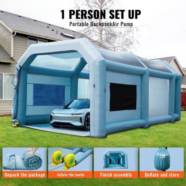 VEVOR Tragbares Aufblasbares Farbzelt 7,3 x 3,8 x 2,8 m, DIY Sprühmalerei 750 + 960 W, Sprühschutz Farbkabine für DIY-Projekte Hobby-Farbautomaten-Werkzeug, Blau 210D Oxford-Gewebe Lackierkabine – Bild 5