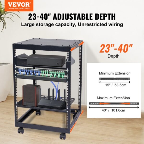 VEVOR 15U-Server-Rack mit offenem Rahmen, 15''-40'' verstellbare Tiefe, freistehender oder wandmontierter Netzwerk-Server-Rack, 4-Pfosten-AV-Rack mit Rollen, bietet Platz für Ihre gesamte Netzwerk-IT- – Bild 2