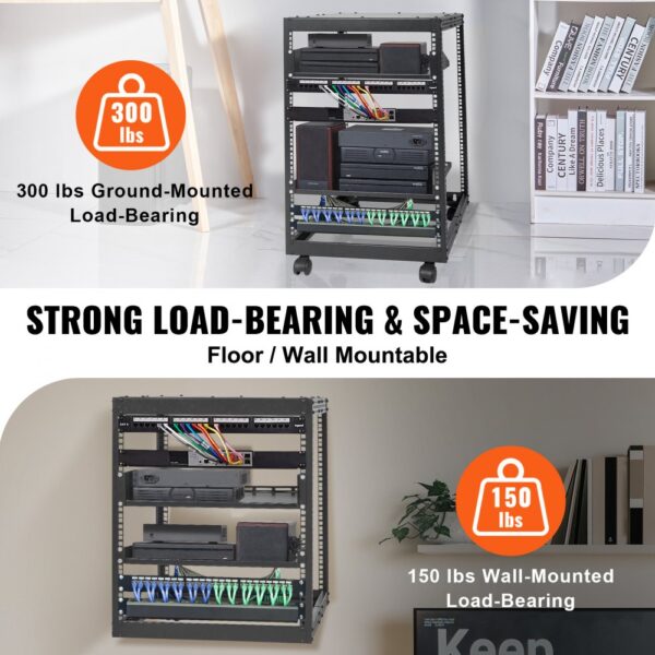 VEVOR 15U-Server-Rack mit offenem Rahmen, 15''-40'' verstellbare Tiefe, freistehender oder wandmontierter Netzwerk-Server-Rack, 4-Pfosten-AV-Rack mit Rollen, bietet Platz für Ihre gesamte Netzwerk-IT- – Bild 3