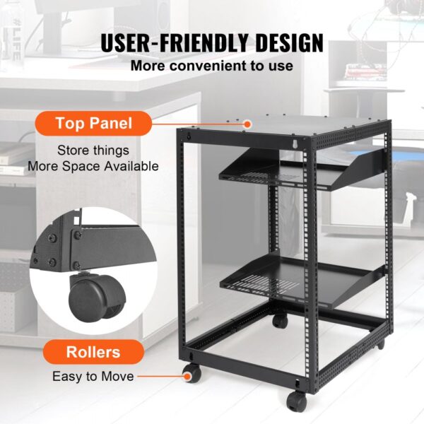 VEVOR 15U-Server-Rack mit offenem Rahmen, 15''-40'' verstellbare Tiefe, freistehender oder wandmontierter Netzwerk-Server-Rack, 4-Pfosten-AV-Rack mit Rollen, bietet Platz für Ihre gesamte Netzwerk-IT- – Bild 5