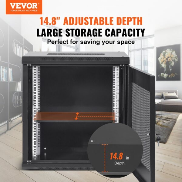 VEVOR 12U Netzwerk-Serverschrank zur Wandmontage, 14,8" tief, Server-Rack-Schrankgehäuse, max. 90kg/200 lbs. Bodenmontierte Ladekapazität, mit abschließbaren Türseitenwänden, für IT-Geräte, A/V-Geräte – Bild 2