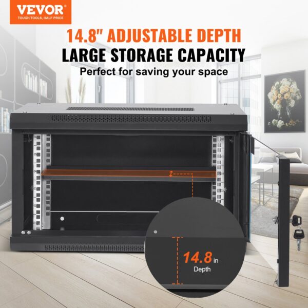 VEVOR 6U Netzwerk-Serverschrank zur Wandmontage, 14,8'' tief, Server-Rack-Schrankgehäuse, max. 200 lbs. Bodenmontierte Ladekapazität, mit abschließbaren Glastür-Seitenwänden, für IT-Geräte, A/V-Geräte – Bild 2