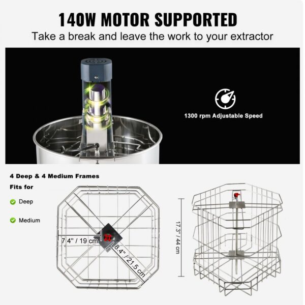 VEVOR Honigschleuder Elektrisch 140W Tangentialschleuder Edelstahl 4/8 Rähmchen Honigextractor 45mm Honigventil 1300U/min Elektro Honigschleuder 48x16/23cm Wabengröße Imkerei Bienenzüchter Zubehör – Bild 3 VEVOR Honigschleuder Elektrisch 140W Tangentialschleuder Edelstahl 4/8 Rähmchen Honigextractor 45mm Honigventil 1300U/min Elektro Honigschleuder 48x16/23cm Wabengröße Imkerei Bienenzüchter Zubehör – Bild 3