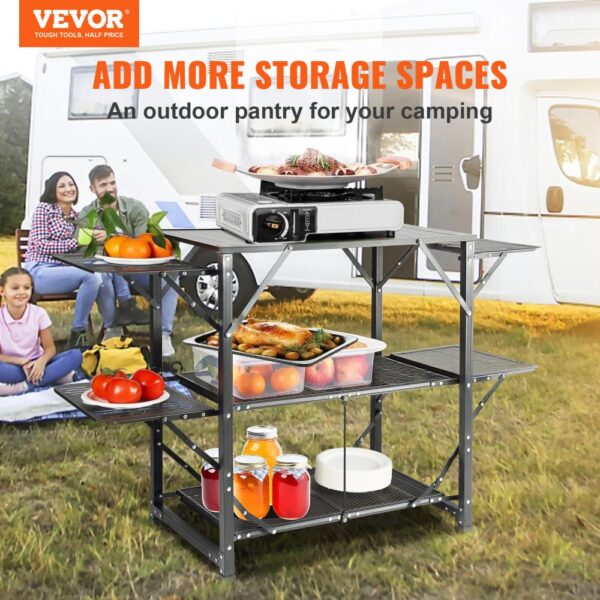 VEVOR Camping-Küchentisch, Aluminium, Faltbar, Tragbar, Outdoor-Kochstation mit 4 Eisenseiten, 2 Regalen und Tragetasche, Schnelle Installation für Picknick, Grillen, Strand, Reisen usw. – Bild 2