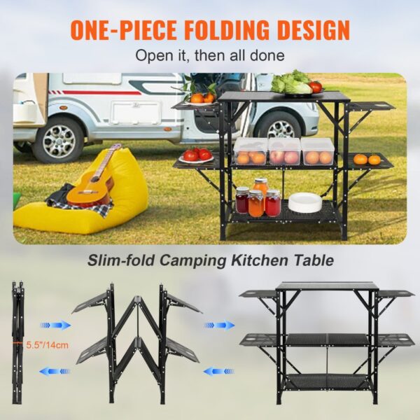 VEVOR Camping-Küchentisch, Aluminium, Faltbar, Tragbar, Outdoor-Kochstation mit 4 Eisenseiten, 2 Regalen und Tragetasche, Schnelle Installation für Picknick, Grillen, Strand, Reisen usw. – Bild 4