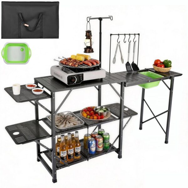 VEVOR Campingküche Outdoor Camping Küche 174 x 50 x 160 cm, Reiseküche Zeltschrank Zusammenklappbar 40 + 22 kg Klappbarer Campingtisch Küchenbox Arbeitsplatte Platz für die Spüle Tragetasche Shwarz