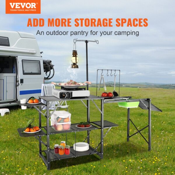 VEVOR Campingküche Outdoor Camping Küche 174 x 50 x 160 cm, Reiseküche Zeltschrank Zusammenklappbar 40 + 22 kg Klappbarer Campingtisch Küchenbox Arbeitsplatte Platz für die Spüle Tragetasche Shwarz – Bild 2