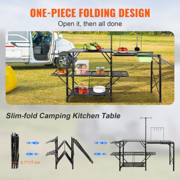 VEVOR Campingküche Outdoor Camping Küche 174 x 50 x 160 cm, Reiseküche Zeltschrank Zusammenklappbar 40 + 22 kg Klappbarer Campingtisch Küchenbox Arbeitsplatte Platz für die Spüle Tragetasche Shwarz – Bild 4