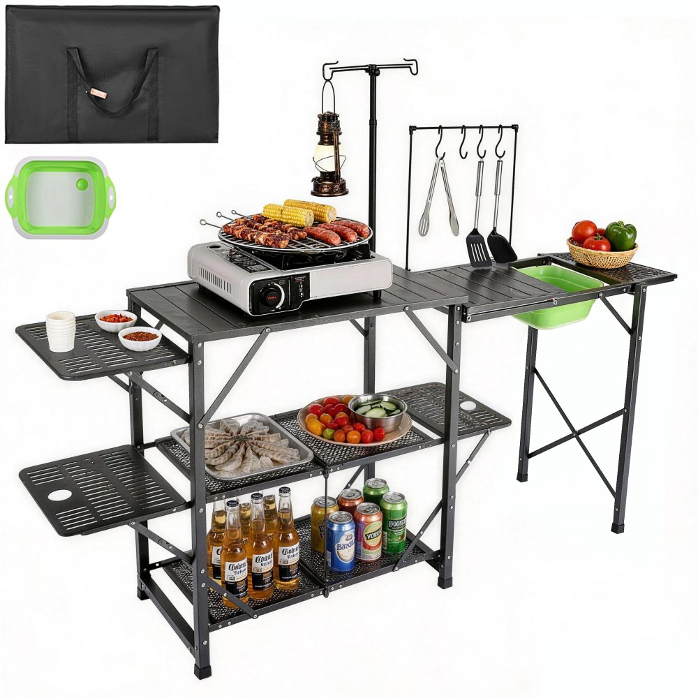 VEVOR Campingküche Outdoor Camping Küche 174 x 50 x 160 cm, Reiseküche Zeltschrank Zusammenklappbar 40 + 22 kg Klappbarer Campingtisch Küchenbox Arbeitsplatte Platz für die Spüle Tragetasche Shwarz