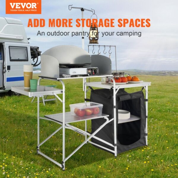 VEVOR Campingküche Outdoor Faltbar 78 x 49 x 13 cm, Alu Campingschrank, Camping Küche mit Windschutz, Campingmöbel Reiseküche inkl. Haken & Lampenmast 66-121 cm, Küchenschrank Campingtisch Reisen – Bild 2