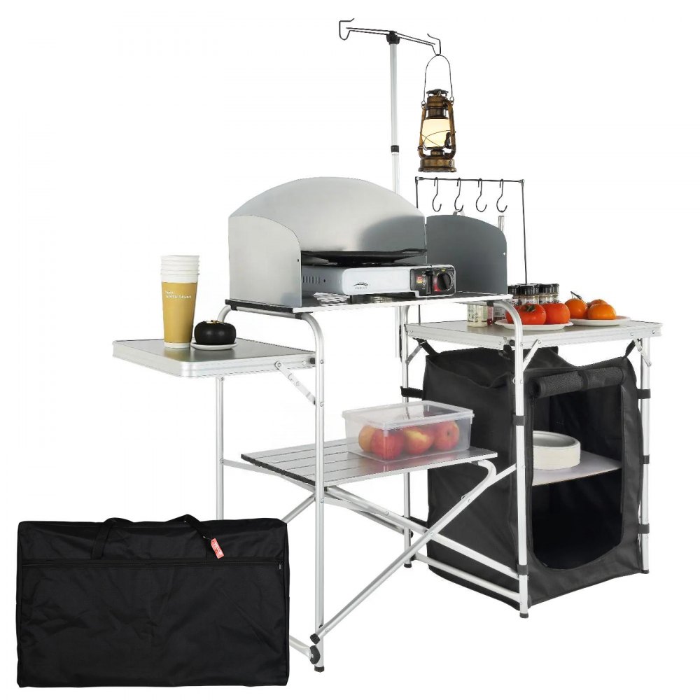 VEVOR Campingküche Outdoor Faltbar 78 x 49 x 13 cm, Alu Campingschrank, Camping Küche mit Windschutz, Campingmöbel Reiseküche inkl. Haken & Lampenmast 66-121 cm, Küchenschrank Campingtisch Reisen