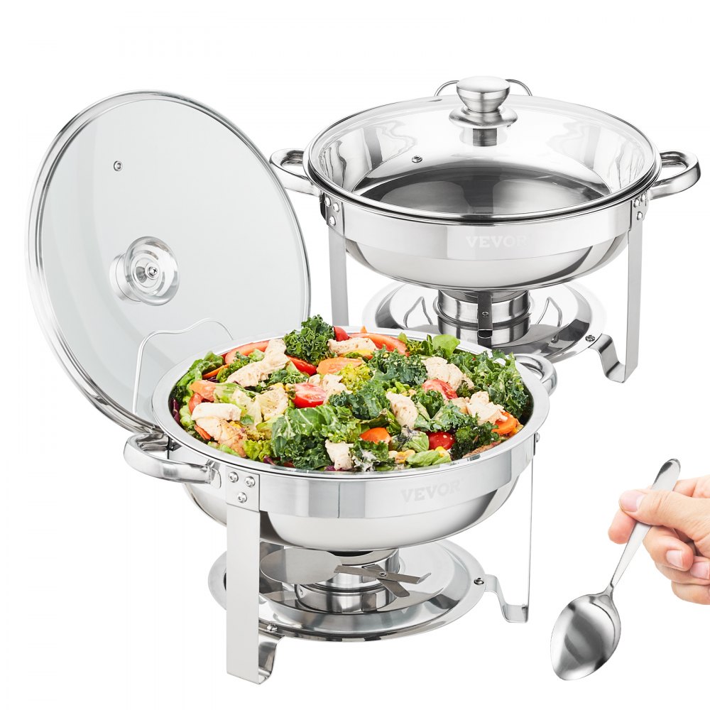 VEVOR 2 Stk. Chafing Dish Profi Set Wärmebehälter Edelstahl + Glas Buffet Set Rund 2 x 3,5 L, 33,5 x 33,5 x 7 cm Jeder Behälter, Speisewärmer für Buffets, Familienfeiern, Bankette, Hochzeiten usw.