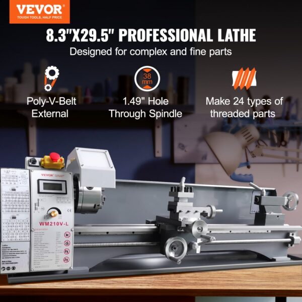 VEVOR Metalldrehmaschine 211x750mm Drehbank Metall 50-2500U/min Tischdrehbank Tischdrehmaschine 750W 14x metrische (von 0,3 bis 3 mm) 10x zöllige (von 10 bis 44 TPI) Gewinde MT5 Spindelkonus – Bild 2