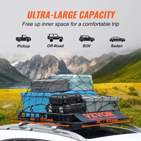 VEVOR Dachgepäckträger Korb Auto Dachkorb Universal 1175 x 915 x 114 mm, Dachgepäckträger Wanne 90 kg Tragfähigkeit Relingträger Fracht Gepäckablage Schwarz für Camping, Grillen, Autoreisen usw. – Bild 4