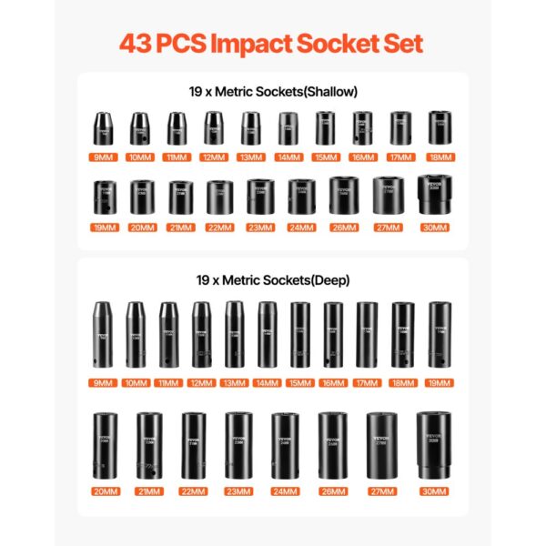 VEVOR Schlag-Steckschlüssel-Set 1.27cm, 43-teiliges Schlag-Steckschlüssel-Set, Standard-Steckschlüssel-Sortiment, 12,7 mm Steckschlüsselsatz, 6-Punkt-Steckschlüsselsätze, Metrisch 9–30mm – Bild 3