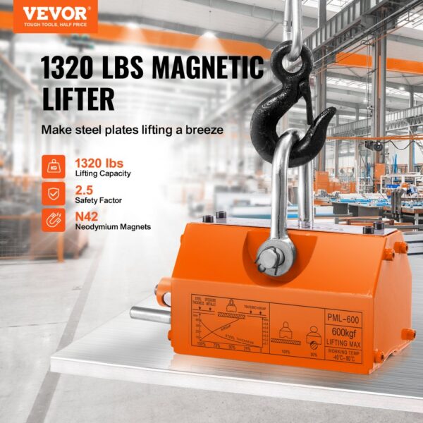 VEVOR Lasthebemagnet Kranmagnet (600 kg Tragfähigkeit, 1500 kg Zugkraft, -40 bis 80 ℃), 12 Stk. Magnete Handgesteuertes Gabelanheben Magnetlifter Magnetheber Gelb Neodymium Lifting Magnet Werkzeug – Bild 2