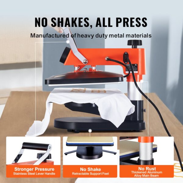 VEVOR Hitzepresse - 8-in-1-Hitzepresse-Sublimationsmaschine für selbstgemachte T-Shirts/Hüte/Becher/Wärmeübertragungsprojekte, 12 x 15 Multifunktions-Hitzepresse zum Wegschwenken mit 360°-Drehung – Bild 5