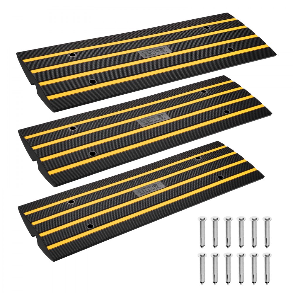 VEVOR 3x Schwellenrampe Vollgummi Türschwellenrampe Max. Belastbarkeit 15Tonnen Bordsteinrampe mit 5,5x3,5cm Kanal Rollstuhlrampe 122x40,5x6,5cm Auffahrrampe Ideal für unebenen Boden Bordsteinkanten