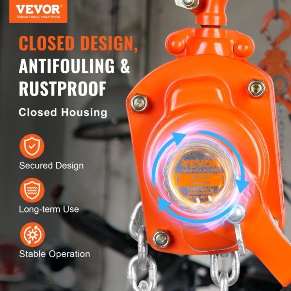 VEVOR Mini Hebelzug 0,5T Tragfähigkeit Kettenzug 260N Zugkraft Flaschenzug 1,40m Hubhöhe Ratschenzug Hebezug aus Stahl G80-Kette Weston Doppelklinkenbremse 360° drehbarer Haken Handkettenzug – Bild 2