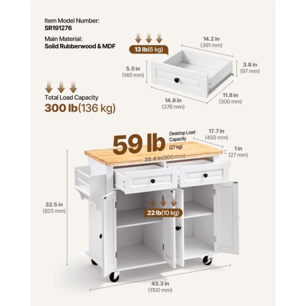 VEVOR Servierwagen Küchenwagen 1100 x 450 x 825 mm, 136 kg Belastbar Kücheninsel Küchenschrank, Rollwagen Küchentrolley mit Handtuchhalter & 2 Schubladen, Mikrowellenschrank Küchenrollwagen Massivholz – Bild 3 VEVOR Servierwagen Küchenwagen 1100 x 450 x 825 mm, 136 kg Belastbar Kücheninsel Küchenschrank, Rollwagen Küchentrolley mit Handtuchhalter & 2 Schubladen, Mikrowellenschrank Küchenrollwagen Massivholz – Bild 3