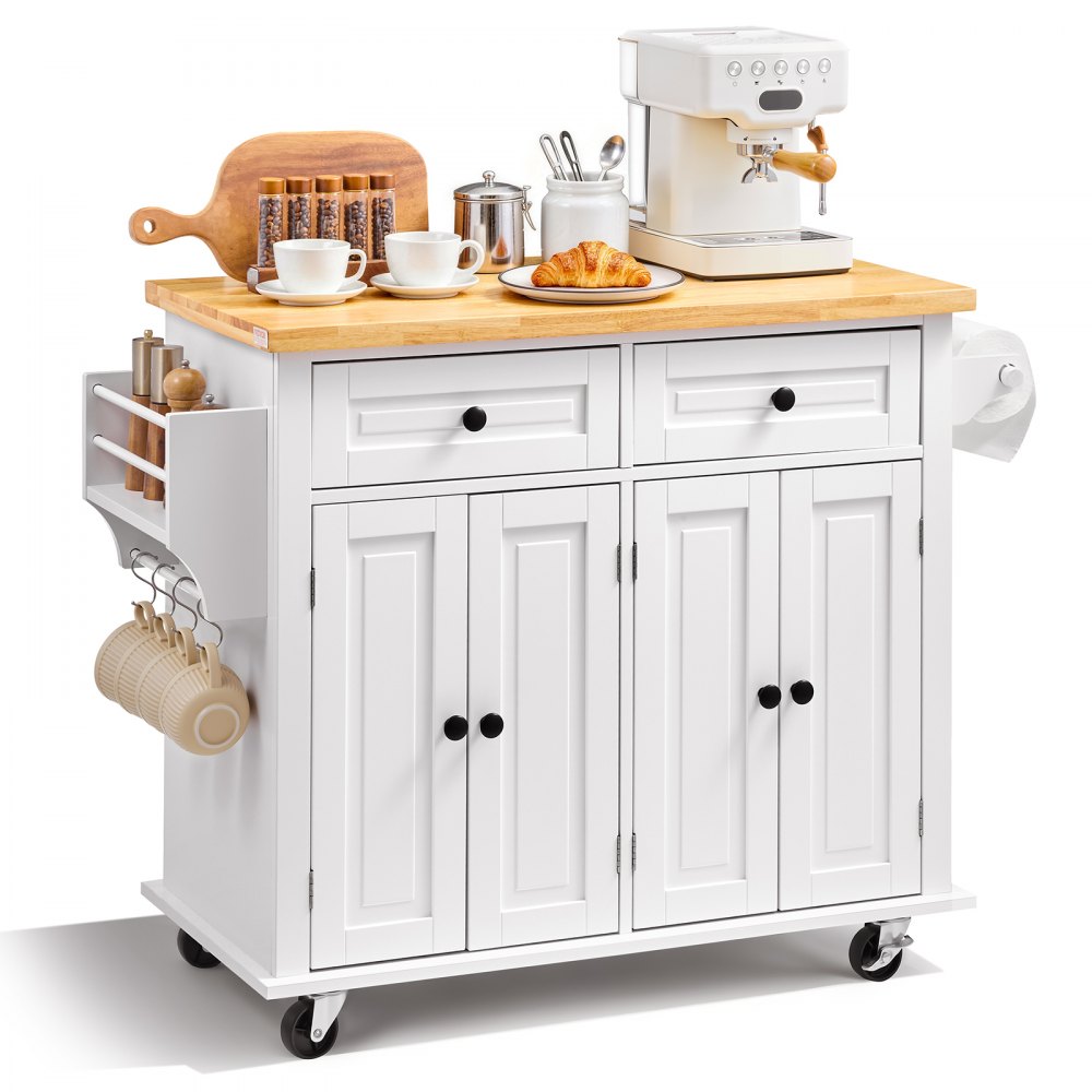 VEVOR Servierwagen Küchenwagen 1100 x 450 x 825 mm, 136 kg Belastbar Kücheninsel Küchenschrank, Rollwagen Küchentrolley mit Handtuchhalter & 2 Schubladen, Mikrowellenschrank Küchenrollwagen Massivholz