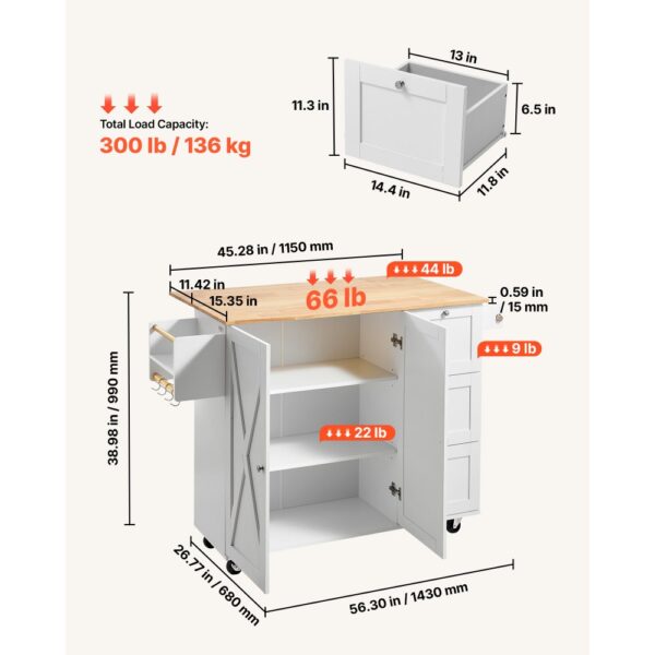 VEVOR Servierwagen Küchenwagen 1430 x 680 x 990 mm, 136 kg Belastbar Kücheninsel Küchenschrank, Rollwagen Küchentrolley mit Handtuchhalter & 2 Schubladen, Mikrowellenschrank Küchenrollwagen Massivholz – Bild 3 VEVOR Servierwagen Küchenwagen 1430 x 680 x 990 mm, 136 kg Belastbar Kücheninsel Küchenschrank, Rollwagen Küchentrolley mit Handtuchhalter & 2 Schubladen, Mikrowellenschrank Küchenrollwagen Massivholz – Bild 3