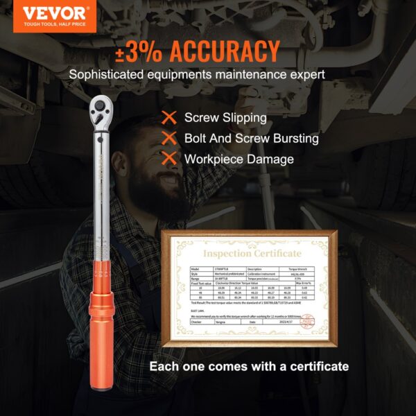 VEVOR Drehmomentschlüssel 3/8", 14–110Nm Drehmomentschlüssel Fahrrad & Motorrad Set, ± 3% Fehlergenauigkeit mit 2 Verlängerungsstangen 152,4mm, 3/8-1/2" & 3/8- 1/4" Adapter, 72 Zähne Einstellbar – Bild 2