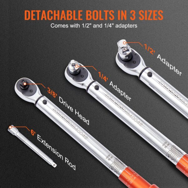 VEVOR Drehmomentschlüssel 3/8", 14–110Nm Drehmomentschlüssel Fahrrad & Motorrad Set, ± 3% Fehlergenauigkeit mit 2 Verlängerungsstangen 152,4mm, 3/8-1/2" & 3/8- 1/4" Adapter, 72 Zähne Einstellbar – Bild 5