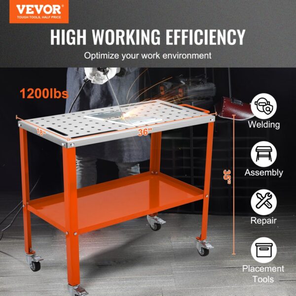 VEVOR Mobiler Schweißtisch 91,4x45,7cm Schweißwerkbank 544kg Tragfähigkeit Lochtisch 94 Löcher (φ 1,6cm) Werkbank Kohlenstoffstahl Arbeitstisch Schweißwagen mit Rädern 4 Werkzeugschlitzen – Bild 2