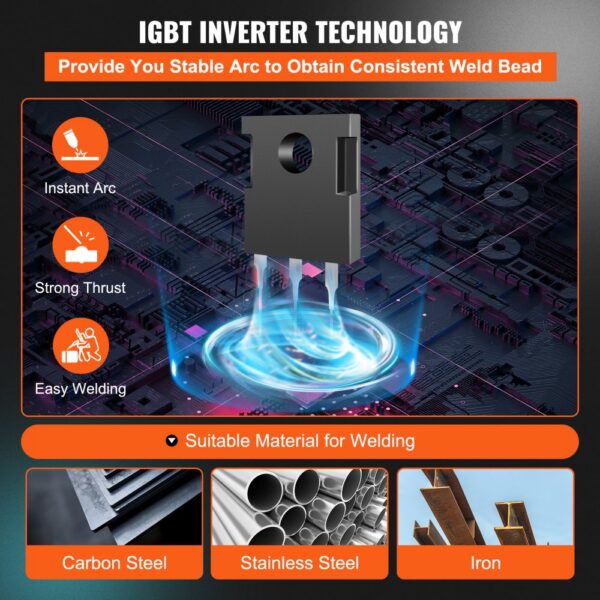 VEVOR MIG/MMA/LIFT TIG 3 in 1 Schweißgerät 50-250 A Fülldrahtschweißen(0,8 mm & 1 mm) IGBT-Technologie 2,2-12 m/min Drahtgeschwindigkeit 5,6 kVA – Bild 3