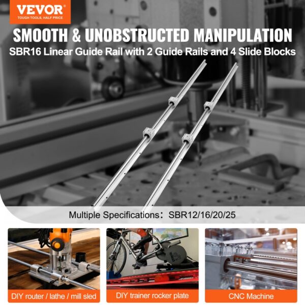 VEVOR Linearführung Linearschiene 2 Stk. SBR16-1500mm Kohlenstoffstahl Aluminium Führungsschiene mit 4 Stk. SBR16UU-Gleitblöcke Linearlager Lagerblock CNC Teile für 3D Drucker Fräs-/Drehmaschine – Bild 2
