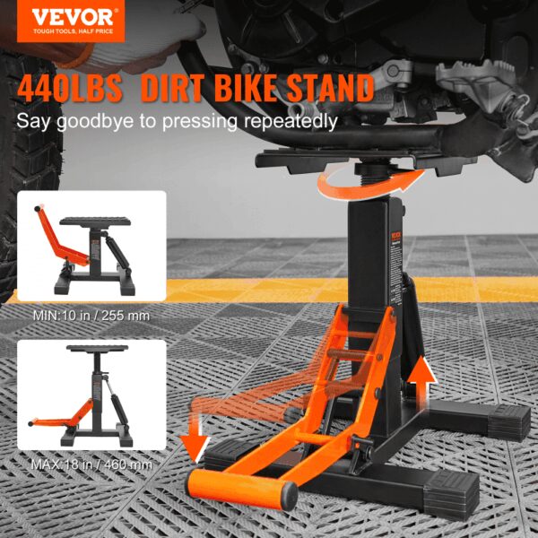 VEVOR Motorradheber Motorradhebebühne 200 kg, Montageständer Montagebock Heber Montagelift 255-460 mm Einstellbare Höhe, 0–120 mm Bühne Stahl Reparatur Wartung für Motorräder Orange + Schwarz – Bild 2