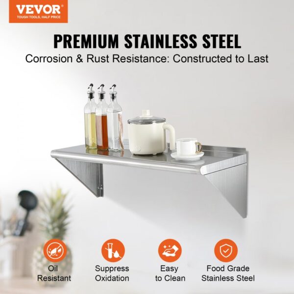 VEVOR 12" x 36" Edelstahlregal, wandmontiertes schwebendes Regal mit Halterungen, 250 lbs Tragkraft, gewerbliche Regale, robustes Lagerregal für Restaurant, Küche, Bar, Zuhause und Hotel – Bild 2