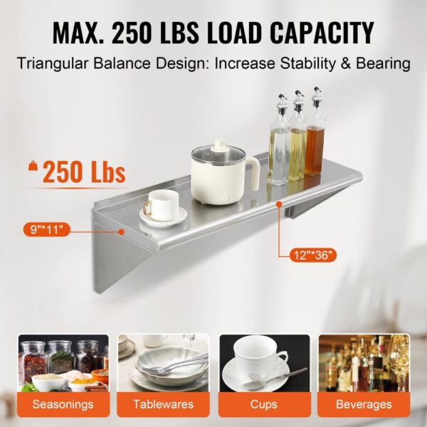 VEVOR 12" x 36" Edelstahlregal, wandmontiertes schwebendes Regal mit Halterungen, 250 lbs Tragkraft, gewerbliche Regale, robustes Lagerregal für Restaurant, Küche, Bar, Zuhause und Hotel – Bild 3