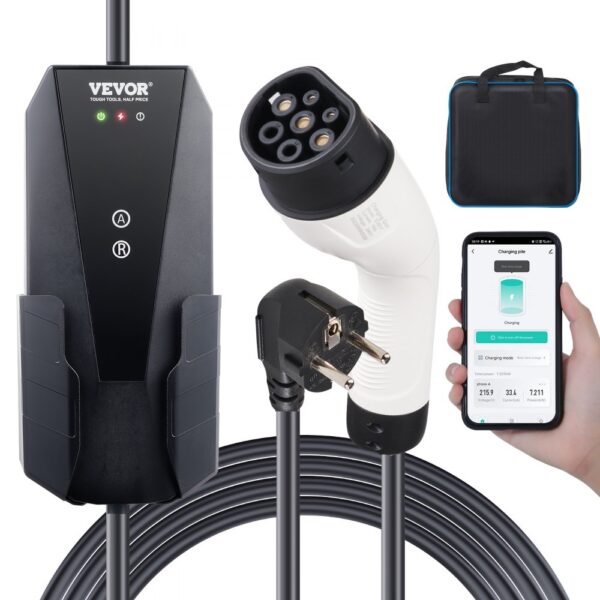 VEVOR Tragbares EV-Ladegerät 3,68 kW Ladegerät für Elektrofahrzeuge EV-Ladekabel Typ 2(IEC62196) CEE 7/7 Stecker 8-16A 1-Phasig EV-Ladestation 8,6m Kabellänge IP66 Wasserdicht Wallbox
