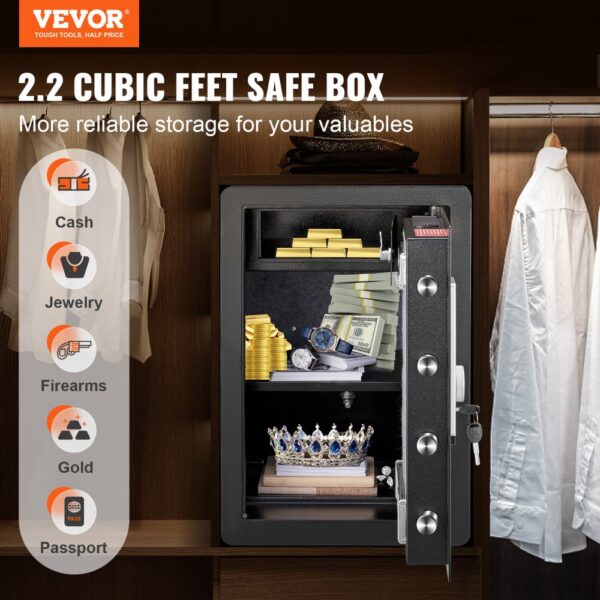 VEVOR Safe Tresor 62 L, Möbeltresor mit Feuerfester Geldtasche, Passwort & Schlüssel & Fingerabdruck Herausnehmbares Regal, Innenschrank, Wandtresor für Bargeld, Schmuck, Dokumente, Wertsache – Bild 2