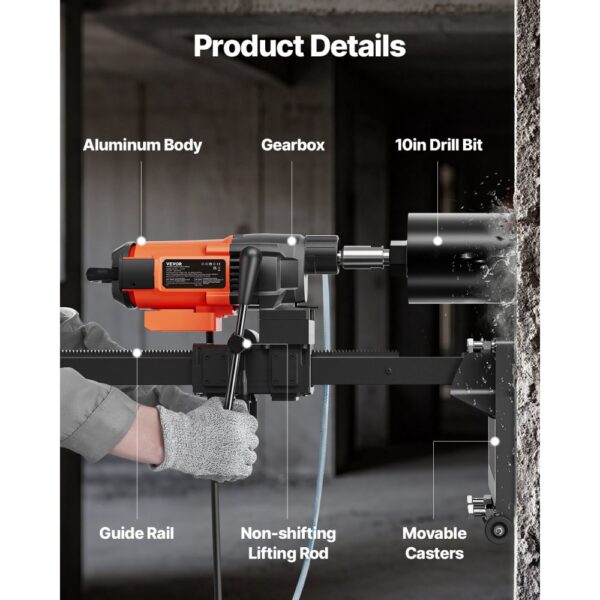 VEVOR Diamant Bohranlage 3200 W Diamantkernbohrmaschine Kernbohrgerät 0-750 U/min Kernbohrmaschine, 26 cm Magnetbohrmaschine Geeignet zum Bohren von Stahlbeton, Marmor usw. – Bild 5
