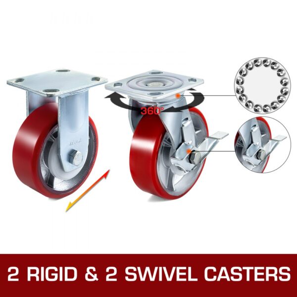 VEVOR 4er-Pack Lenkrollen 6 x 2 Zoll, 2 starre und 2 Lenkrollen mit Seitenbremse, Polyurethan-Eisenkernplatte, 1000 Pfund Tragkraft pro Rad – Bild 2 VEVOR 4er-Pack Lenkrollen 6 x 2 Zoll, 2 starre und 2 Lenkrollen mit Seitenbremse, Polyurethan-Eisenkernplatte, 1000 Pfund Tragkraft pro Rad – Bild 2
