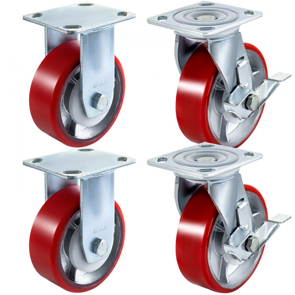 VEVOR 4er-Pack Lenkrollen 6 x 2 Zoll, 2 starre und 2 Lenkrollen mit Seitenbremse, Polyurethan-Eisenkernplatte, 1000 Pfund Tragkraft pro Rad