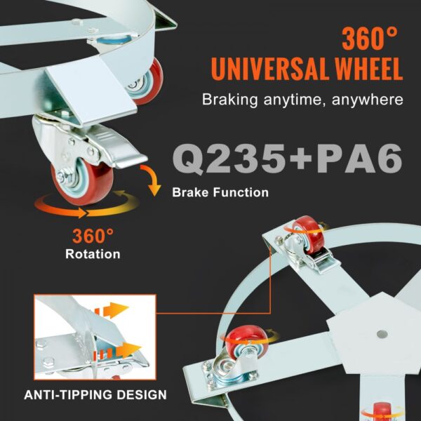 VEVOR Fassroller 250L Transportroller Kohlenstoffstahl Rollbrett Innendurchmesser Ø607mm Fasswagen mit 5 Universalrädern (2 mit Bremsen) Transportwagen zum Transport von Fass bis zu 567kg – Bild 5 VEVOR Fassroller 250L Transportroller Kohlenstoffstahl Rollbrett Innendurchmesser Ø607mm Fasswagen mit 5 Universalrädern (2 mit Bremsen) Transportwagen zum Transport von Fass bis zu 567kg – Bild 5